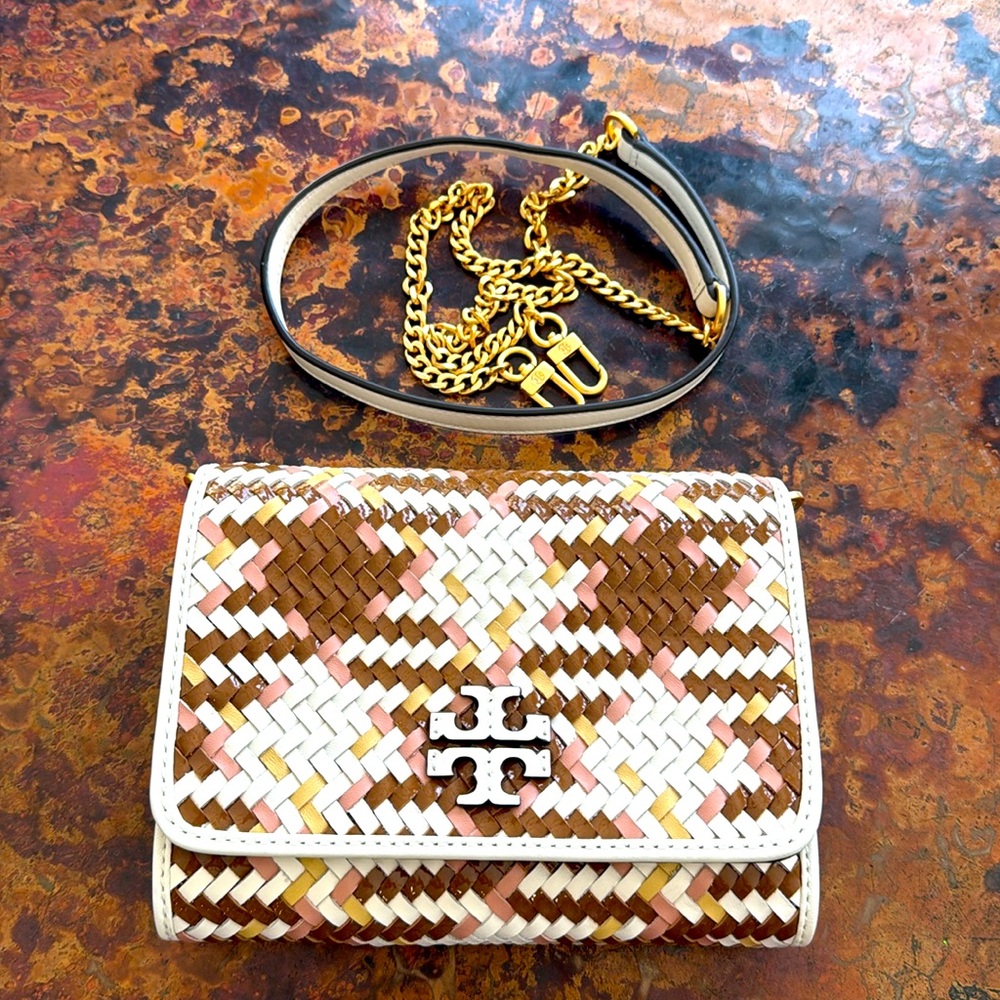 Tory Burch Britten Calf Leather Removable Chain Wallet Clutch Crossbody Dust Bag